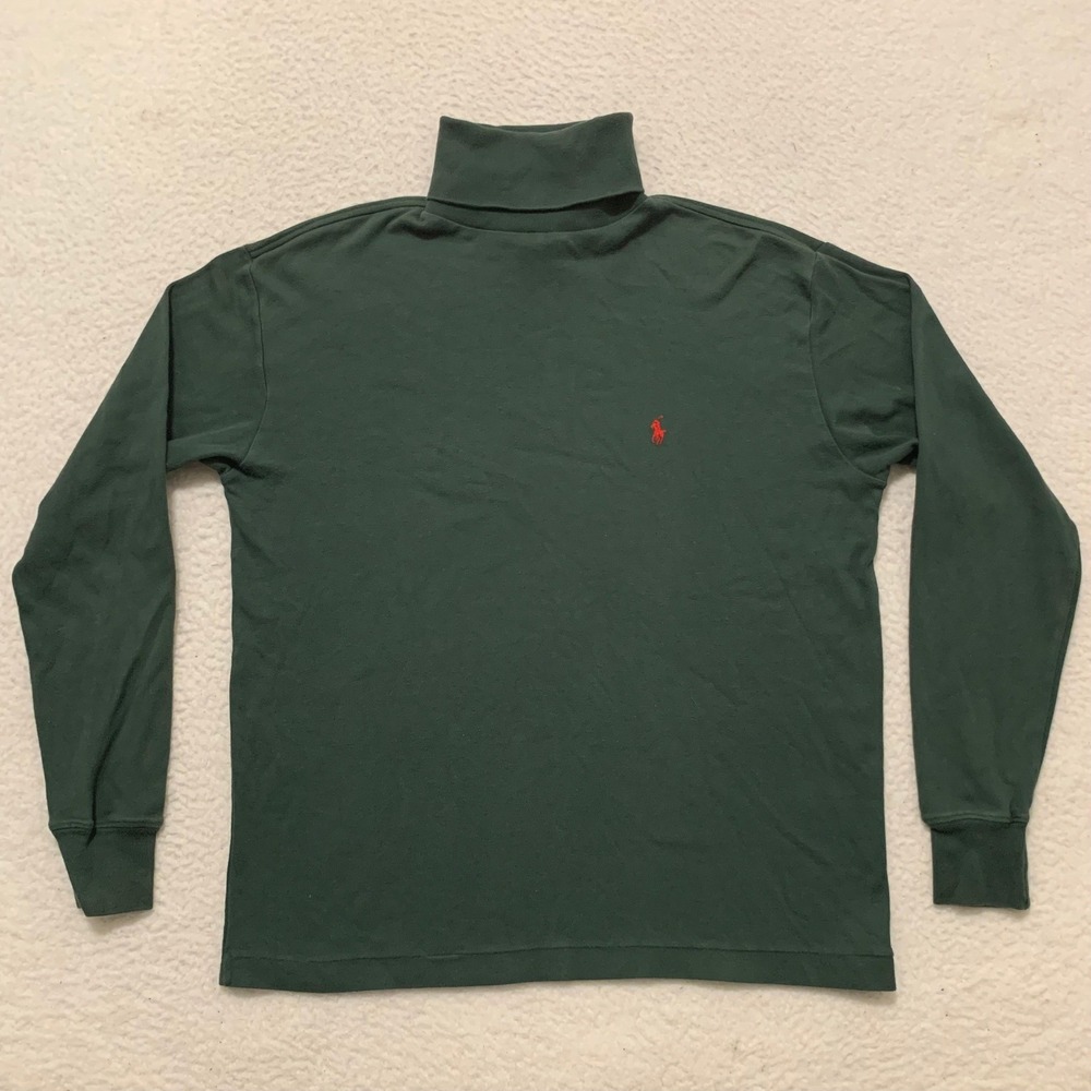 VTG Ralph Lauren Turtleneck Shirt Mens M 100% Cotton Red Pony Logo Hunter Green
